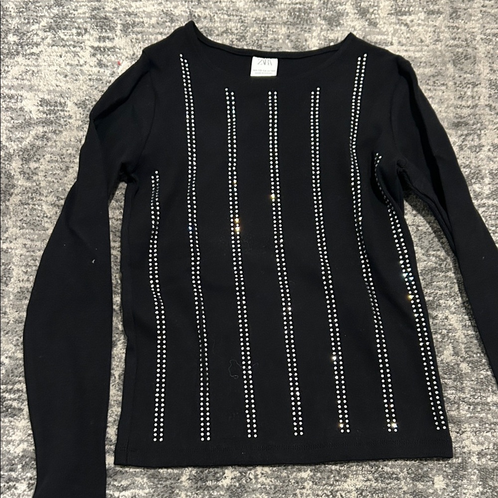 Zara Girls Rhinestone Ribbed Long Sleeve Top Size 13-14